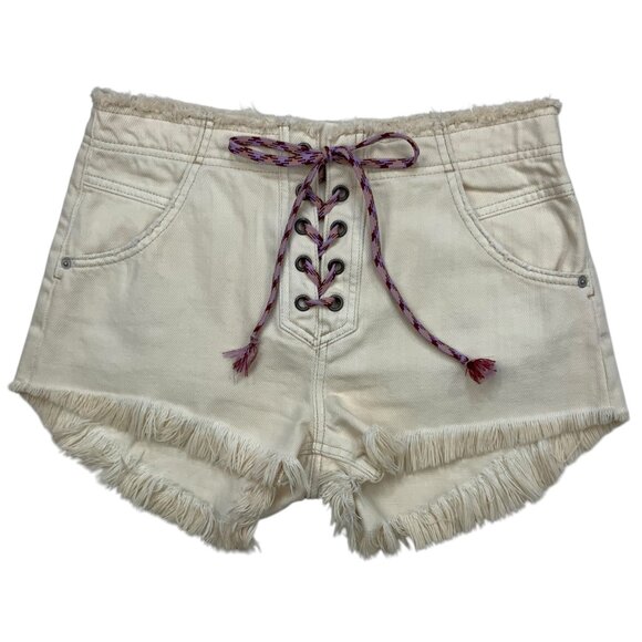 Free People We The Free Becket Lace Up Cutoff Denim Shorts 26 Cream Tie Front - Picture 1 of 12